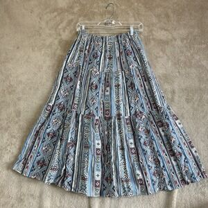 Vintage Womens Midi Skirt Medium Southwestern Aztec All Over Print Tiered 90s